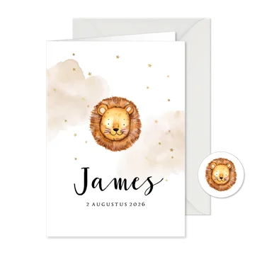 Lief geboortekaartje met leeuwtje en gouden sterretjes